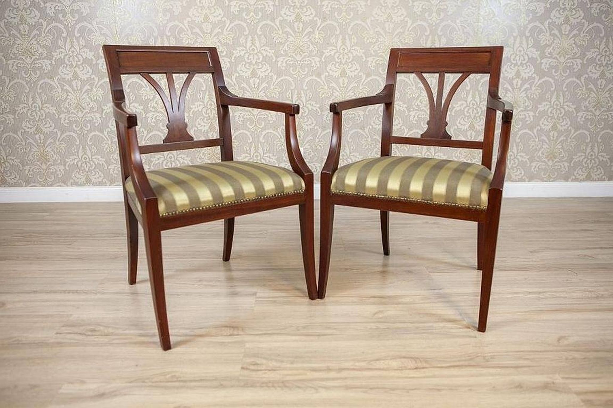 Set of Armchairs in Classicizing Forms in Striped Upholstery, 1990s