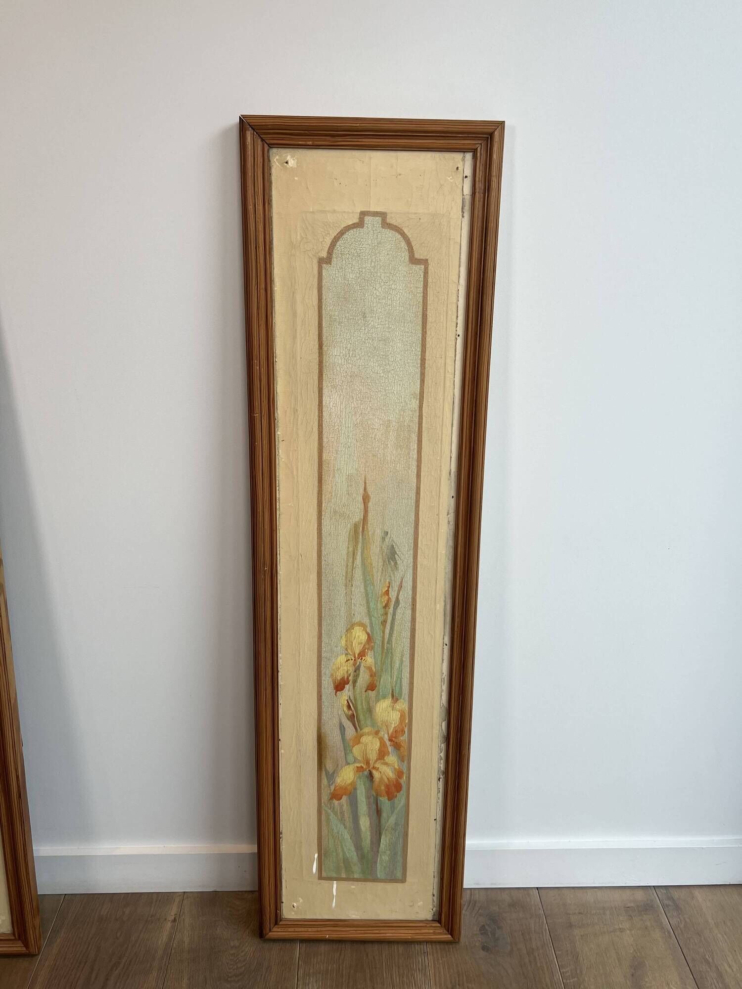 Pair of Art Nouveau Decorative Panels with Purple and Yellow Irises. Work