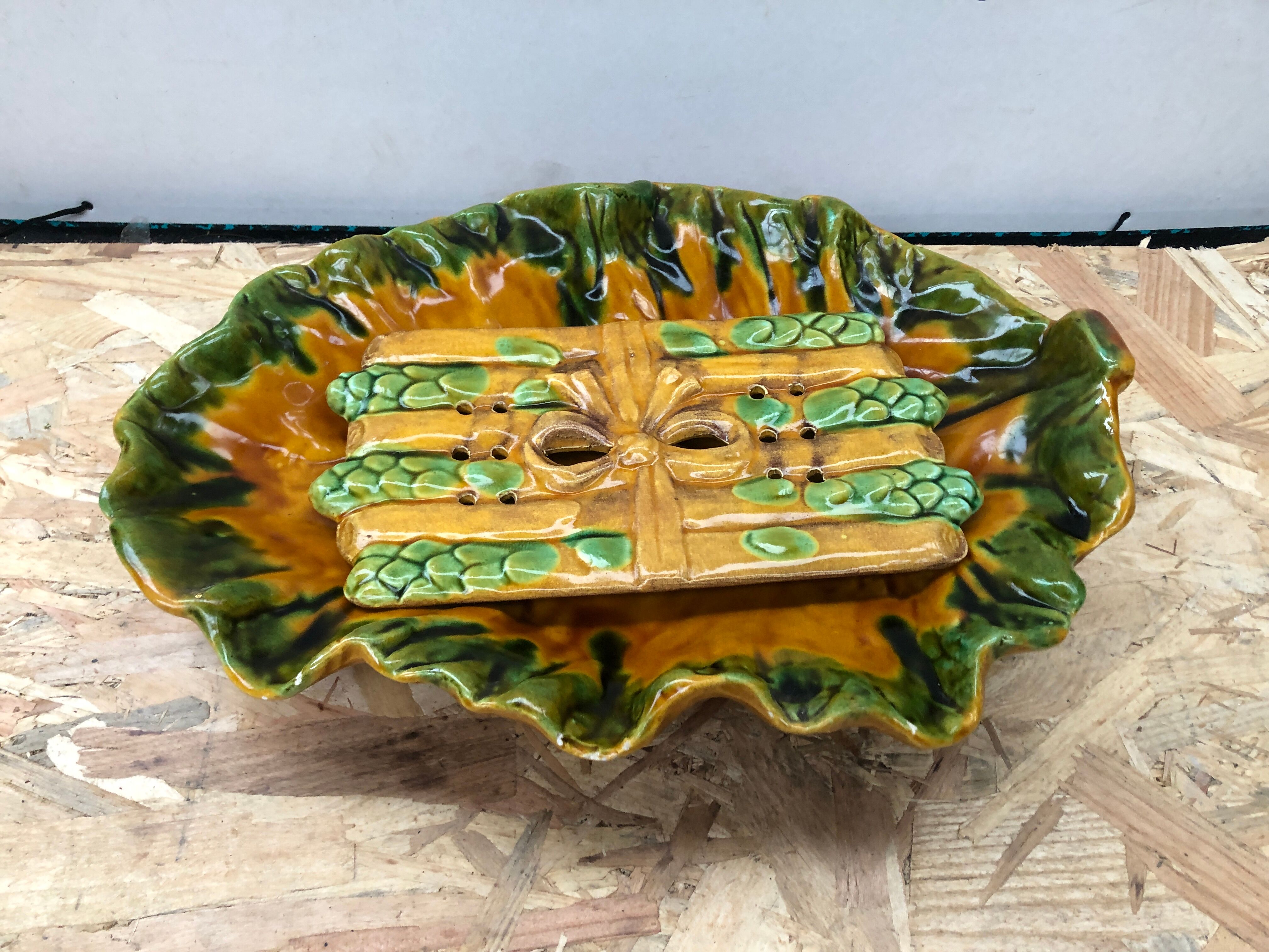 Old asparagus dish vallauris d.m. ceramic green & yellow vintage