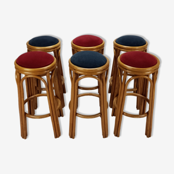 Ensemble de 6 tabourets de bar en bambou vintage, années 1960