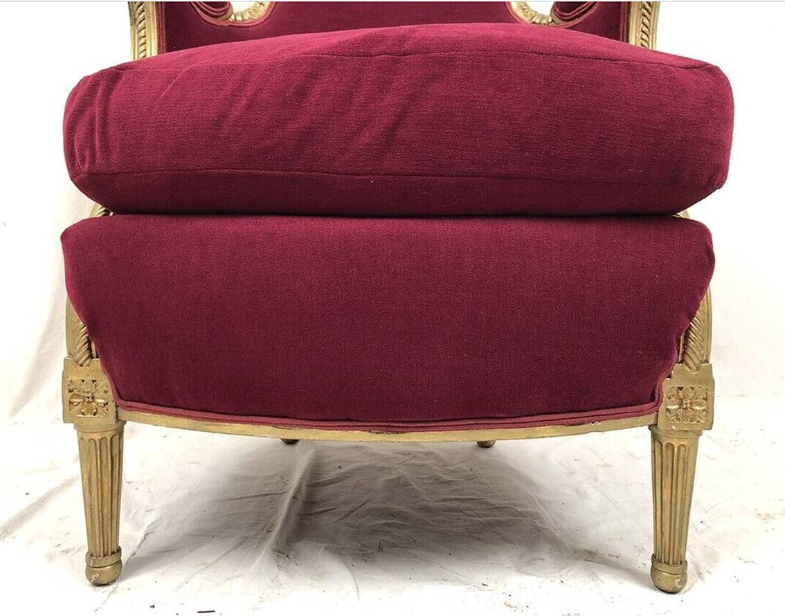 Bergère in gilded wood trimmed with fuchsia silk and velvet, art deco inspired by Louis XVI