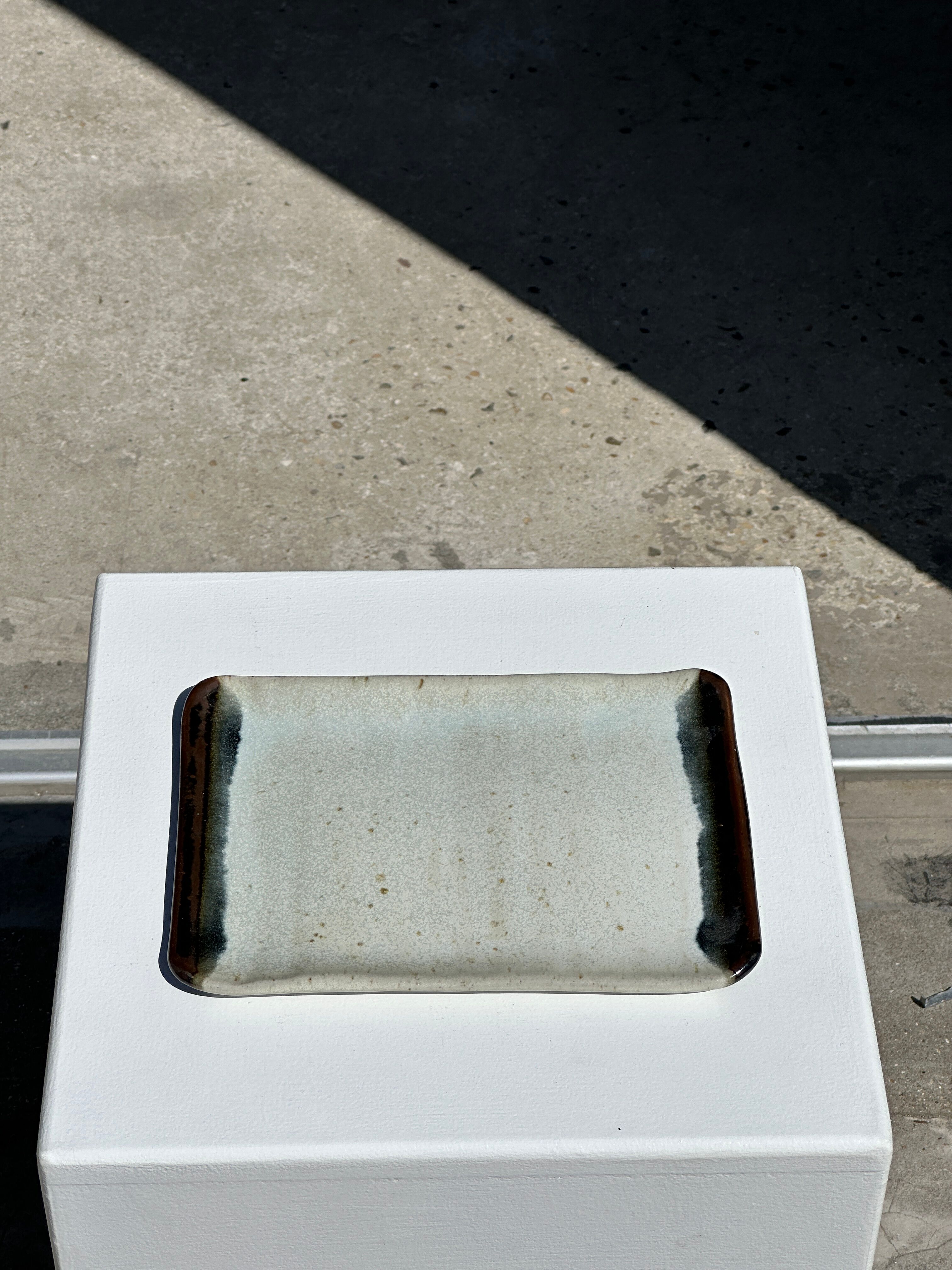 Trio of small rectangular serving dishes white and black Indonesian ceramic 21x16