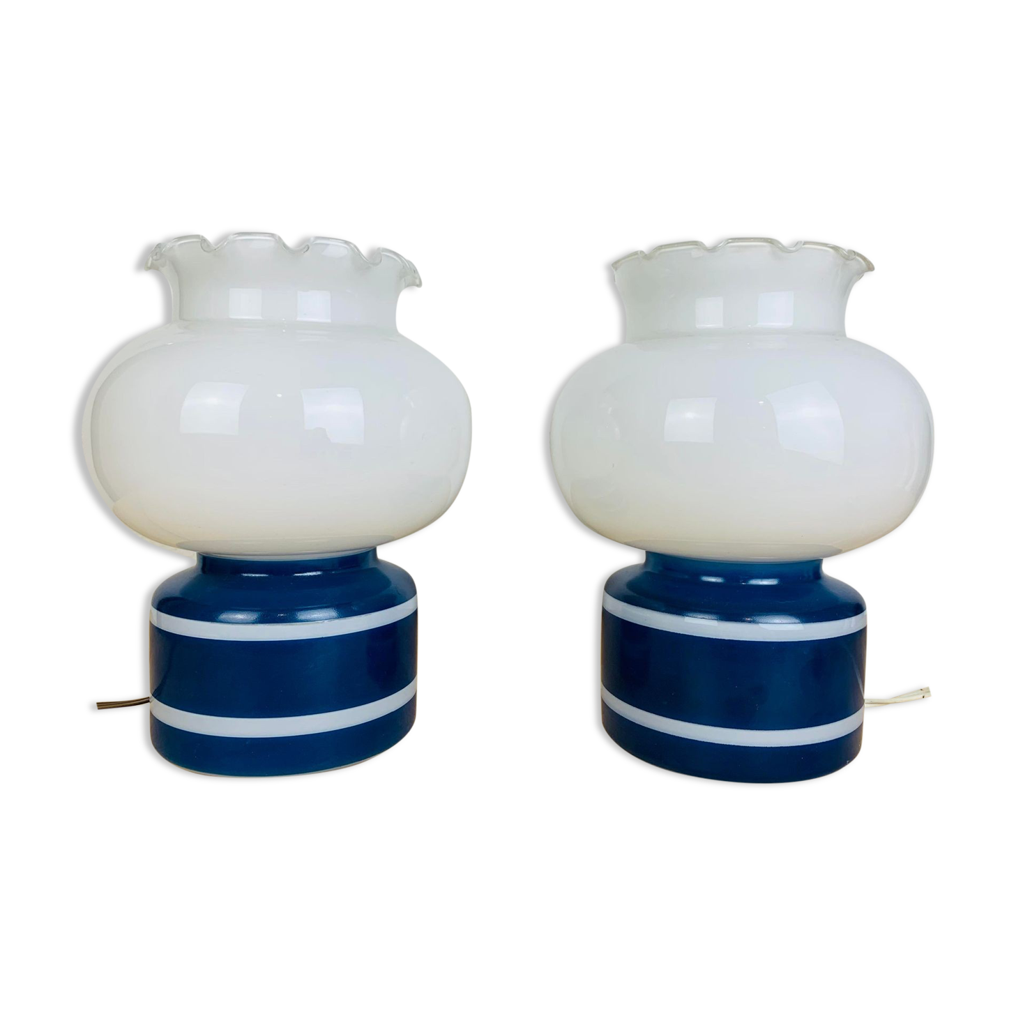 Pair of space age 70 opaline lamps and blue glass