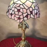 Antique art nouveau bronze lamp with glass shade in tiffany style 44x20