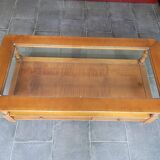 Coffee table with 2 drawers in solid cherry wood and glass.