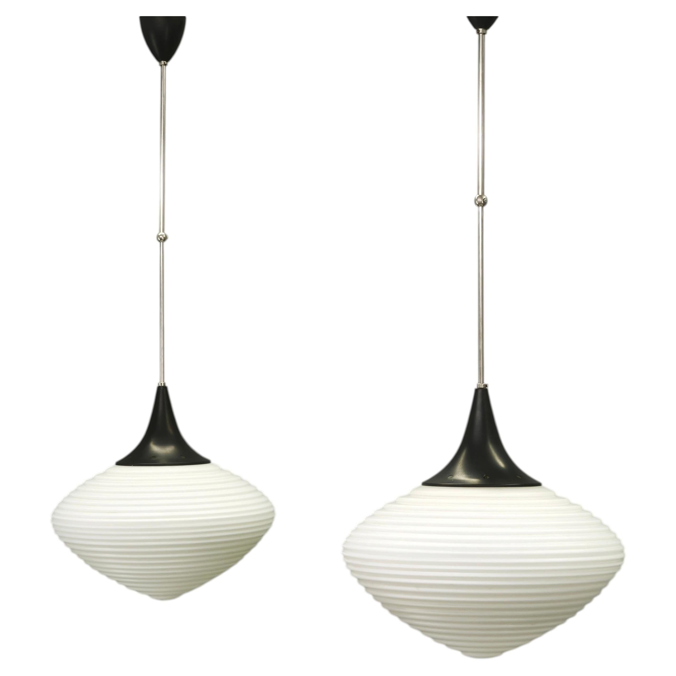 Pair of Space Age Opaline Glass Pendants, Czechoslovakia, 1970s