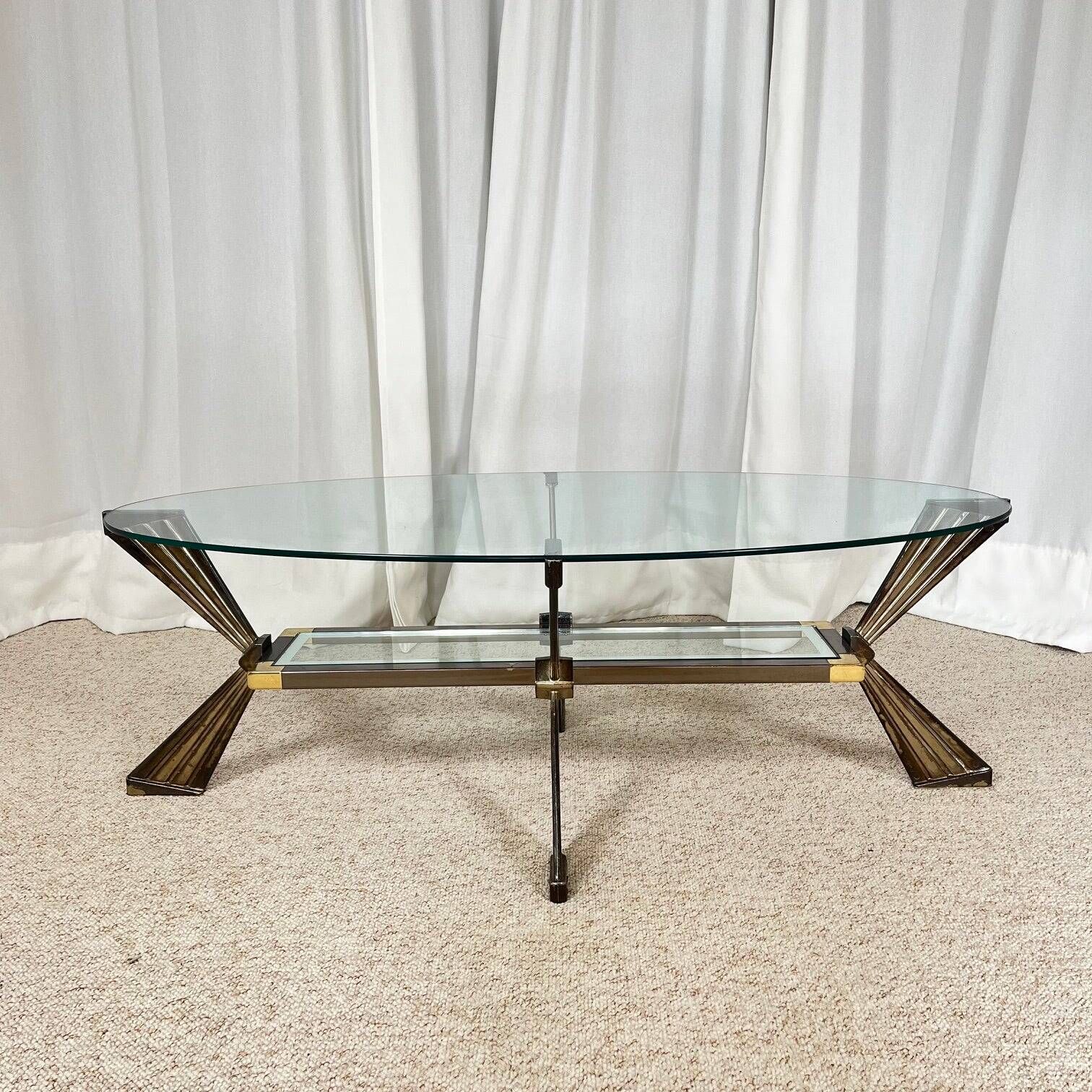 Vintage Italian coffee table in glass, chrome and brass metal, Hollywood Regency style, 1970s.
