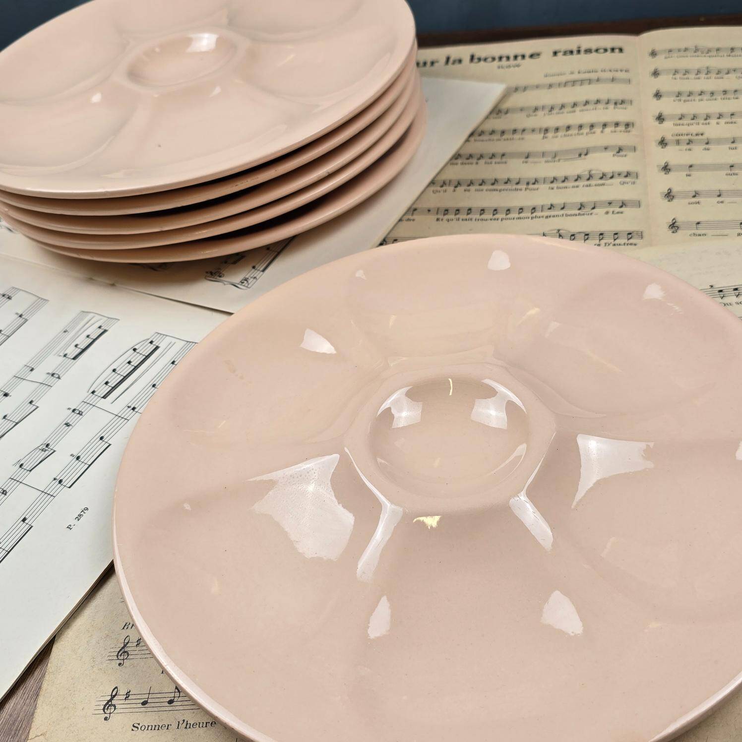 Set of 6 vintage Digoin powder pink oyster plates