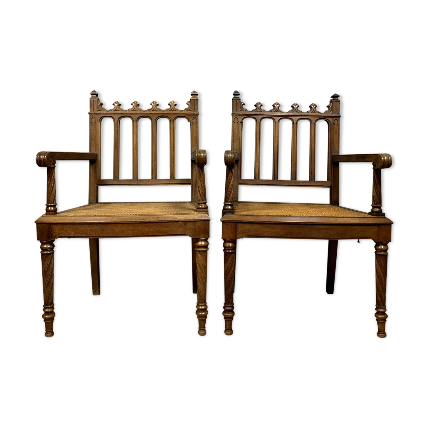 pair of Gothic walnut armchairs circa 1850
