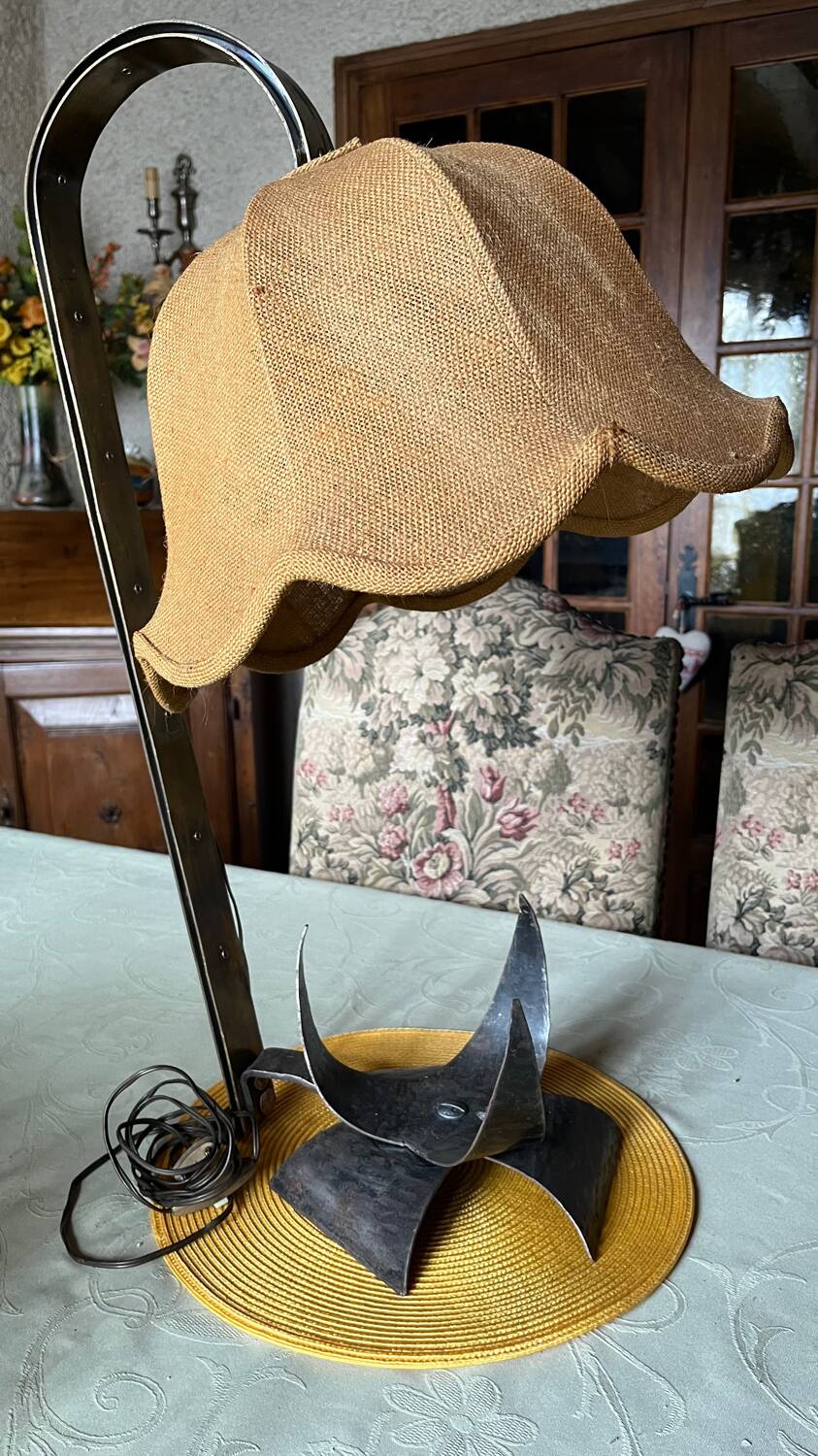 Vintage wrought iron burlap table lamp