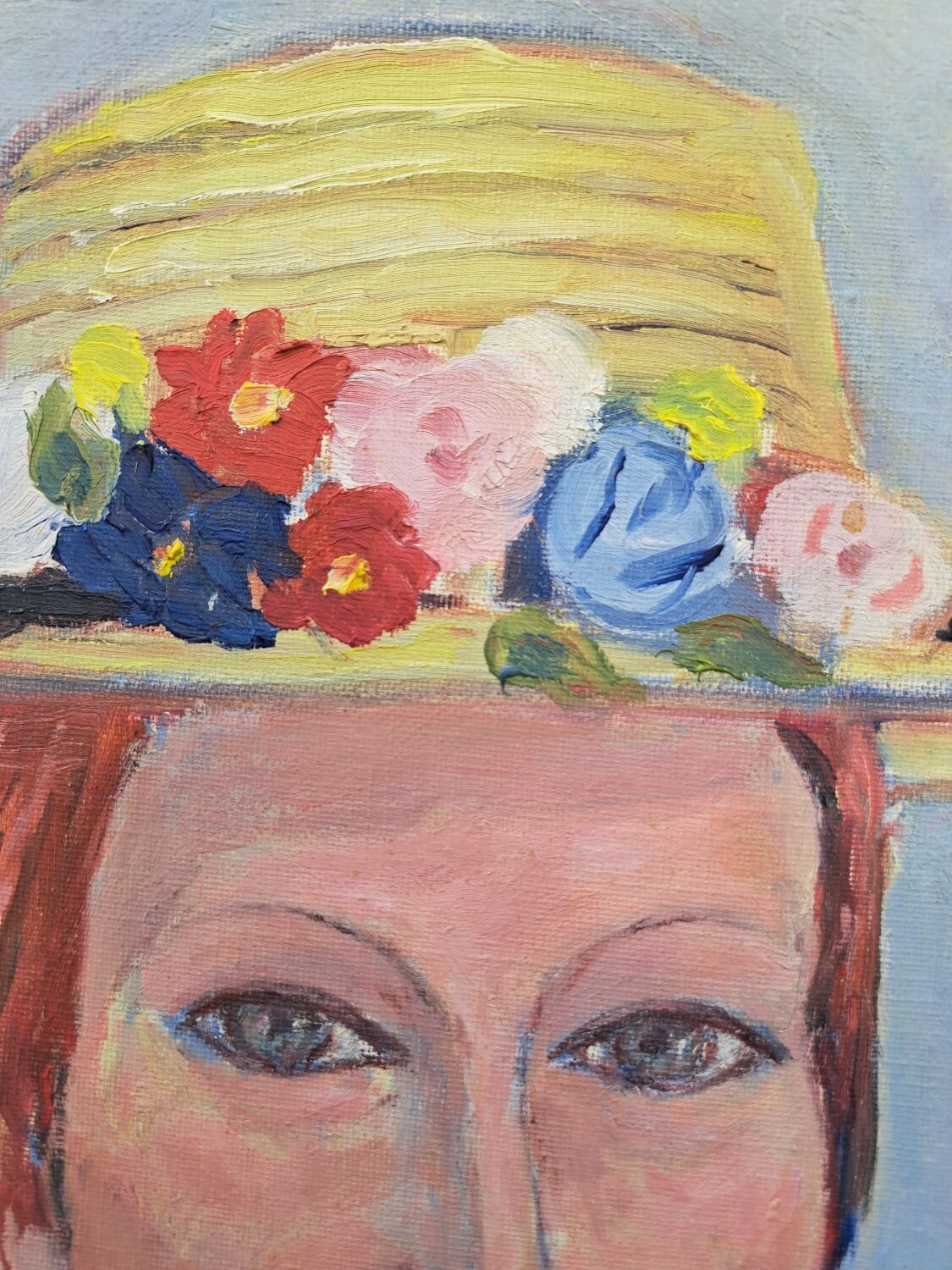 Canvas signed portrait "woman with straw hat"