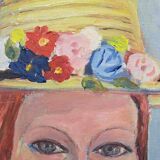 Canvas signed portrait "woman with straw hat"