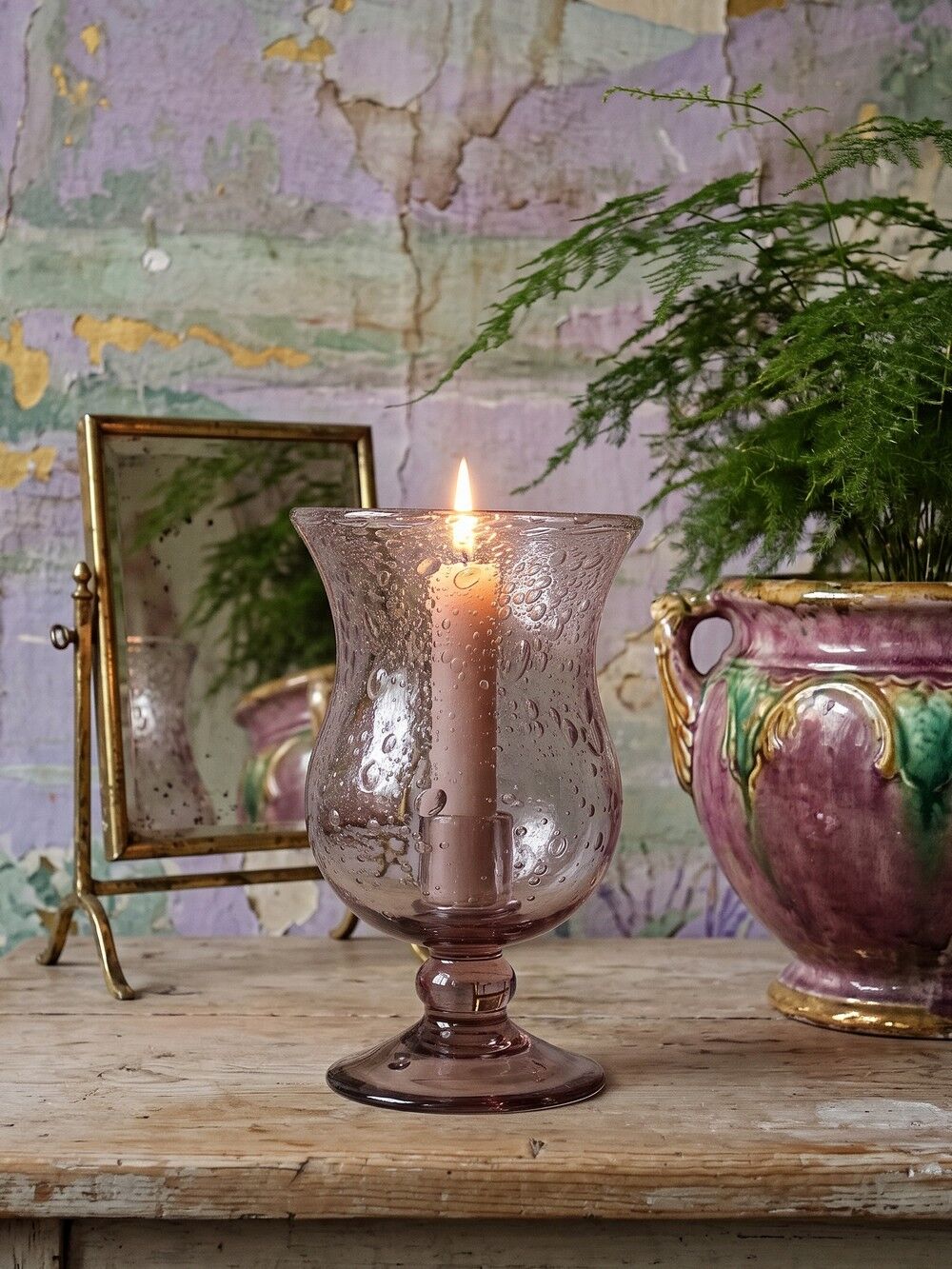 Vintage glass bubble photophore in pale amethyst, Biot style, 1970-1980.