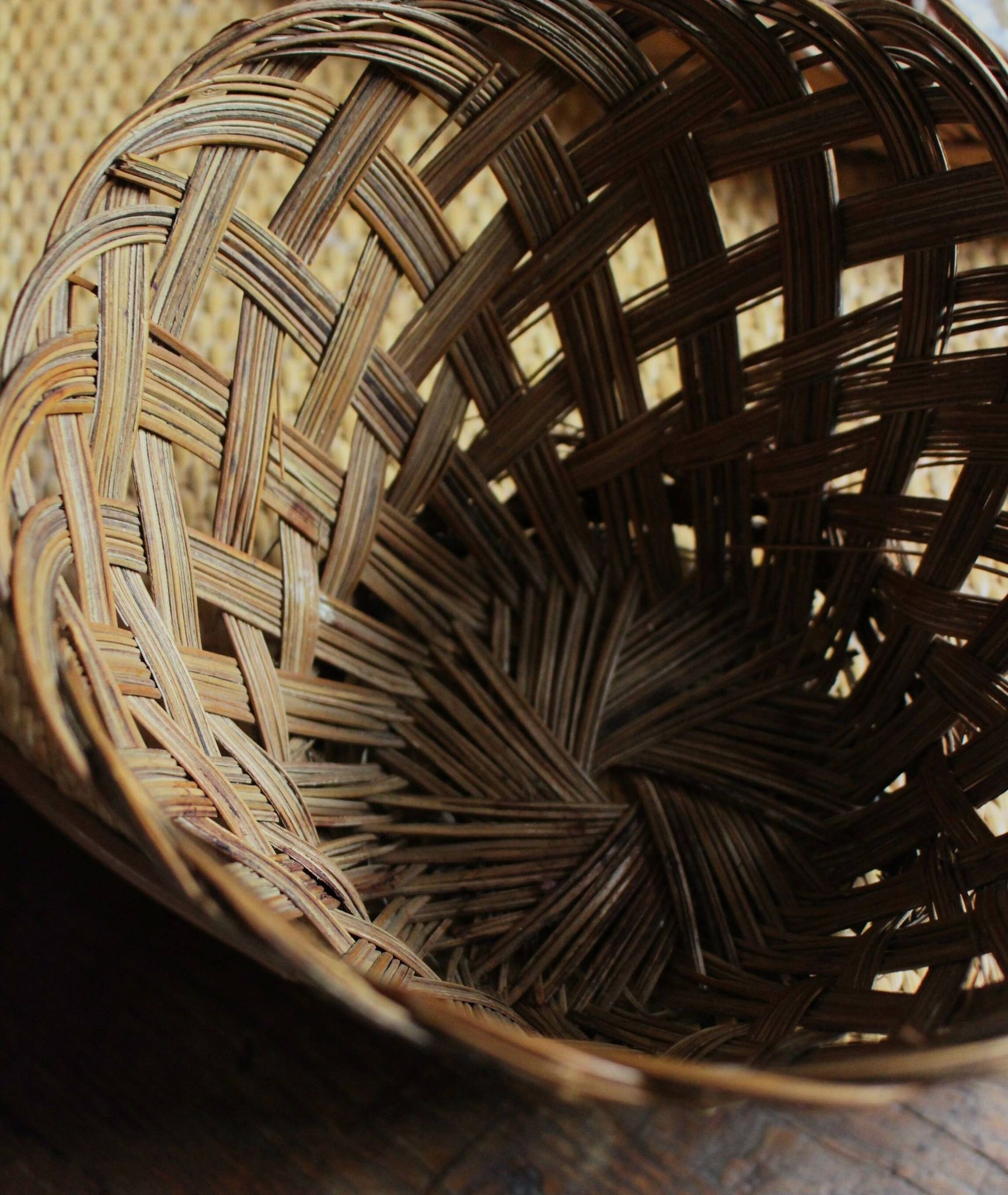 Vintage high round wicker basket with openwork.
