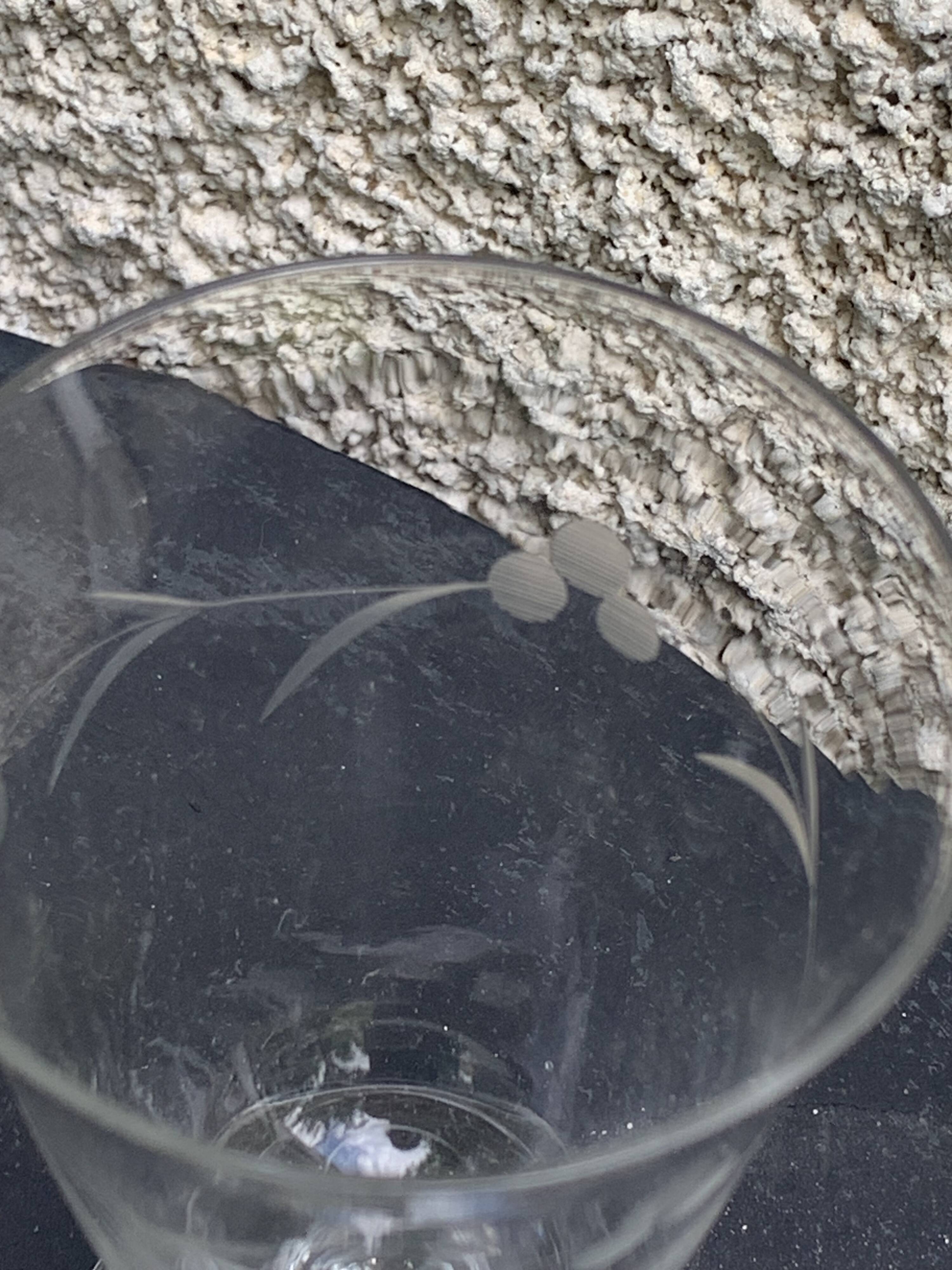 6 large antique wine glasses, chiseled floral pattern,