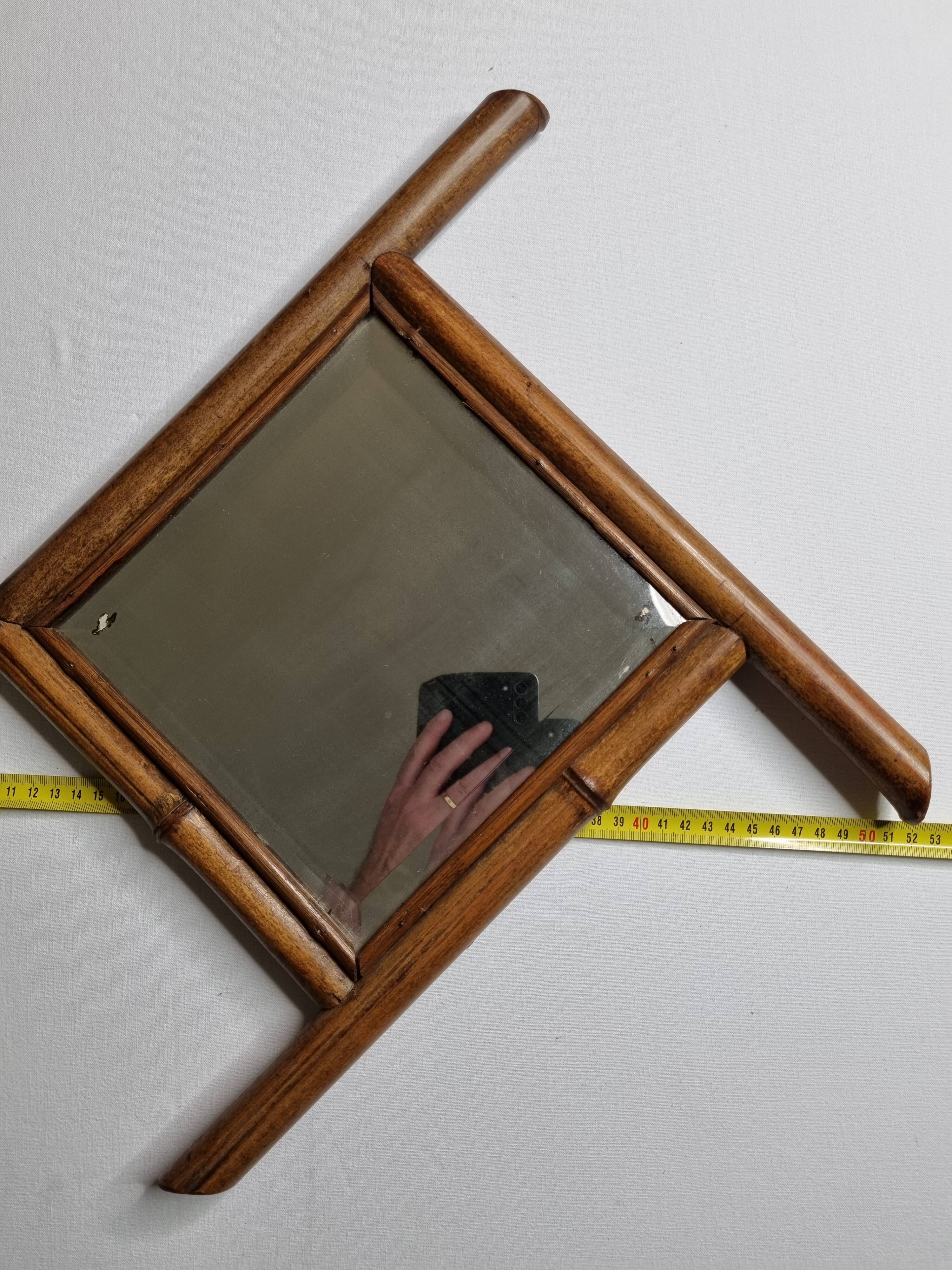 Vintage bamboo diamond mirror, beveled glass, 52 cm