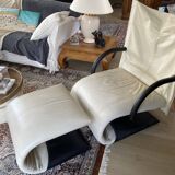 Ligne Roset "ZEN" armchair and footrest in white draped leather