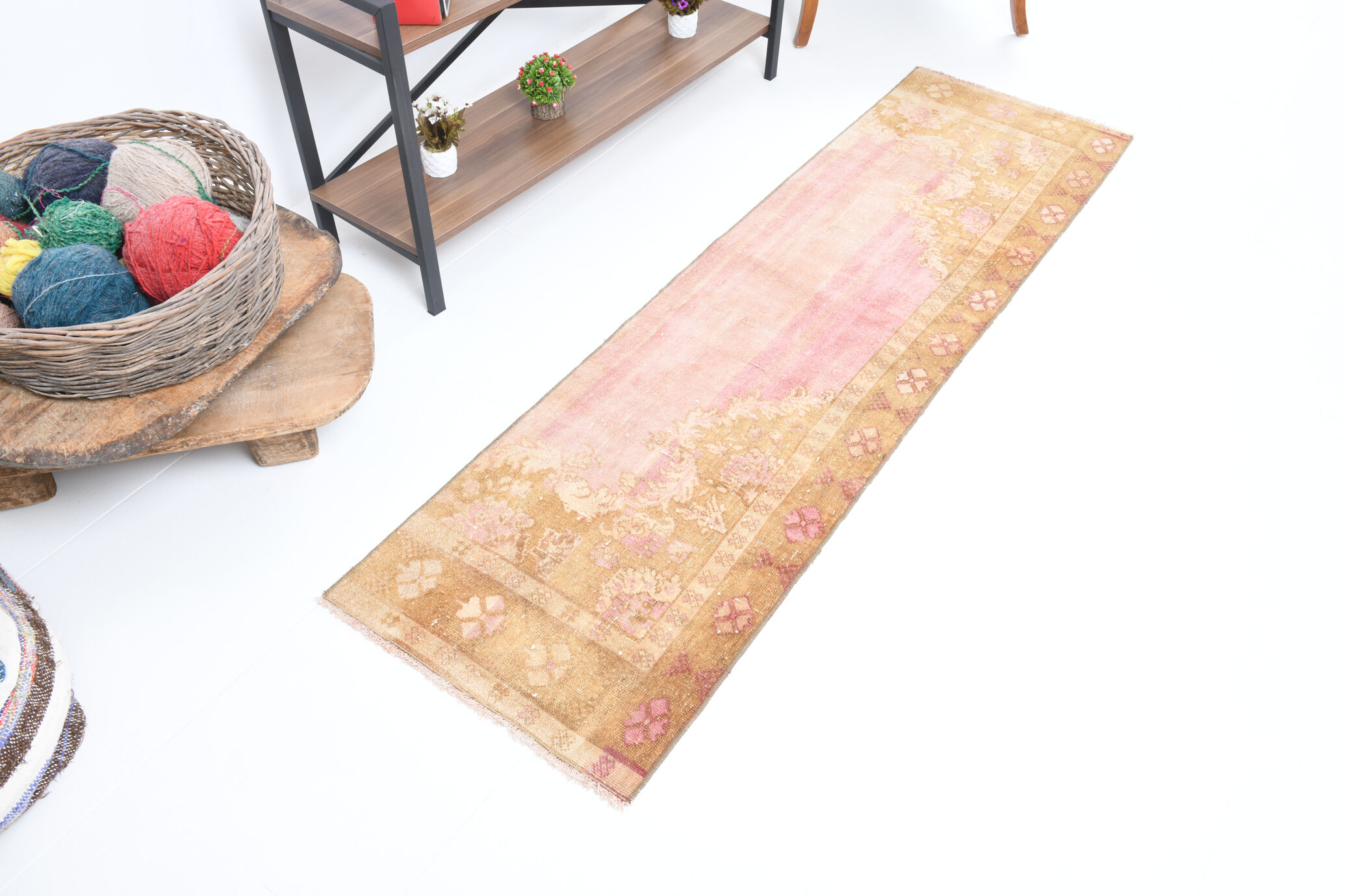 2x7 pink and brown turkish runner rug, 204x58cm