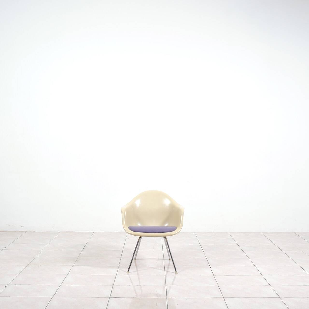 4 Eames DAX fiberglass lounge chairs with purple upholstery by Herman Mille