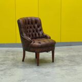 Original English Chesterfield Tub Chair - Vintage Antique Brown Leather