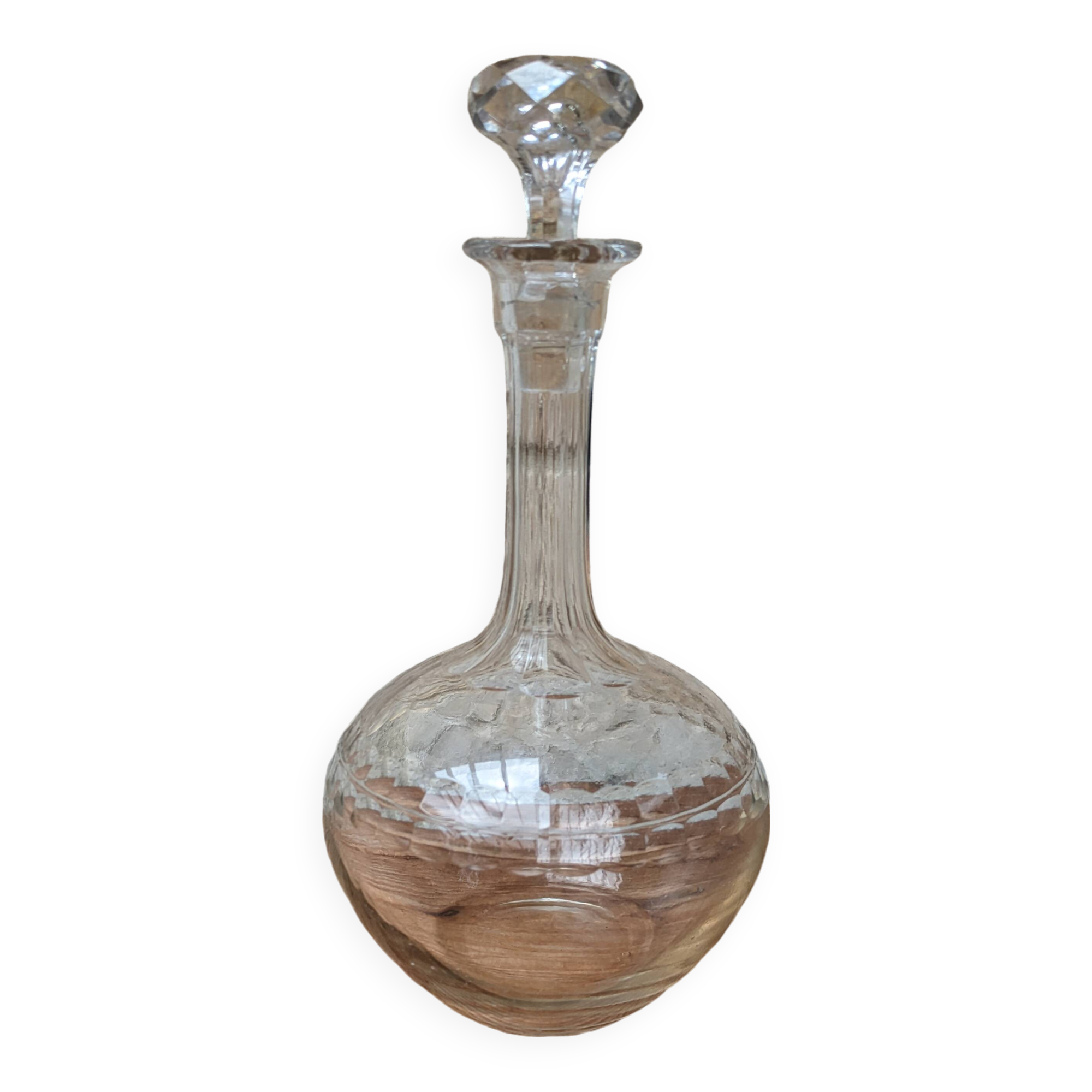 Antique round chiseled glass carafe with stopper