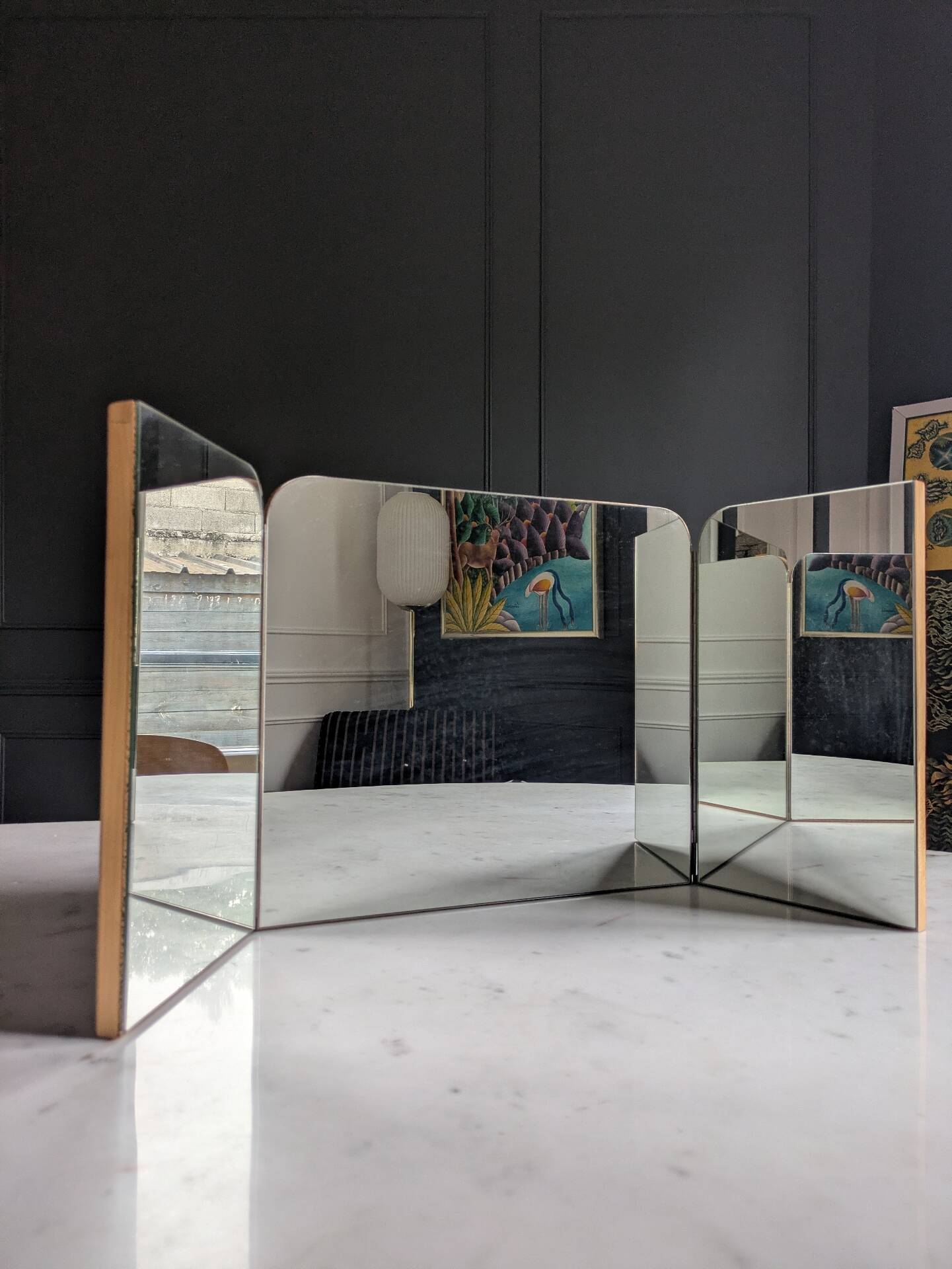 Mid-century tabletop triptych dressing mirror