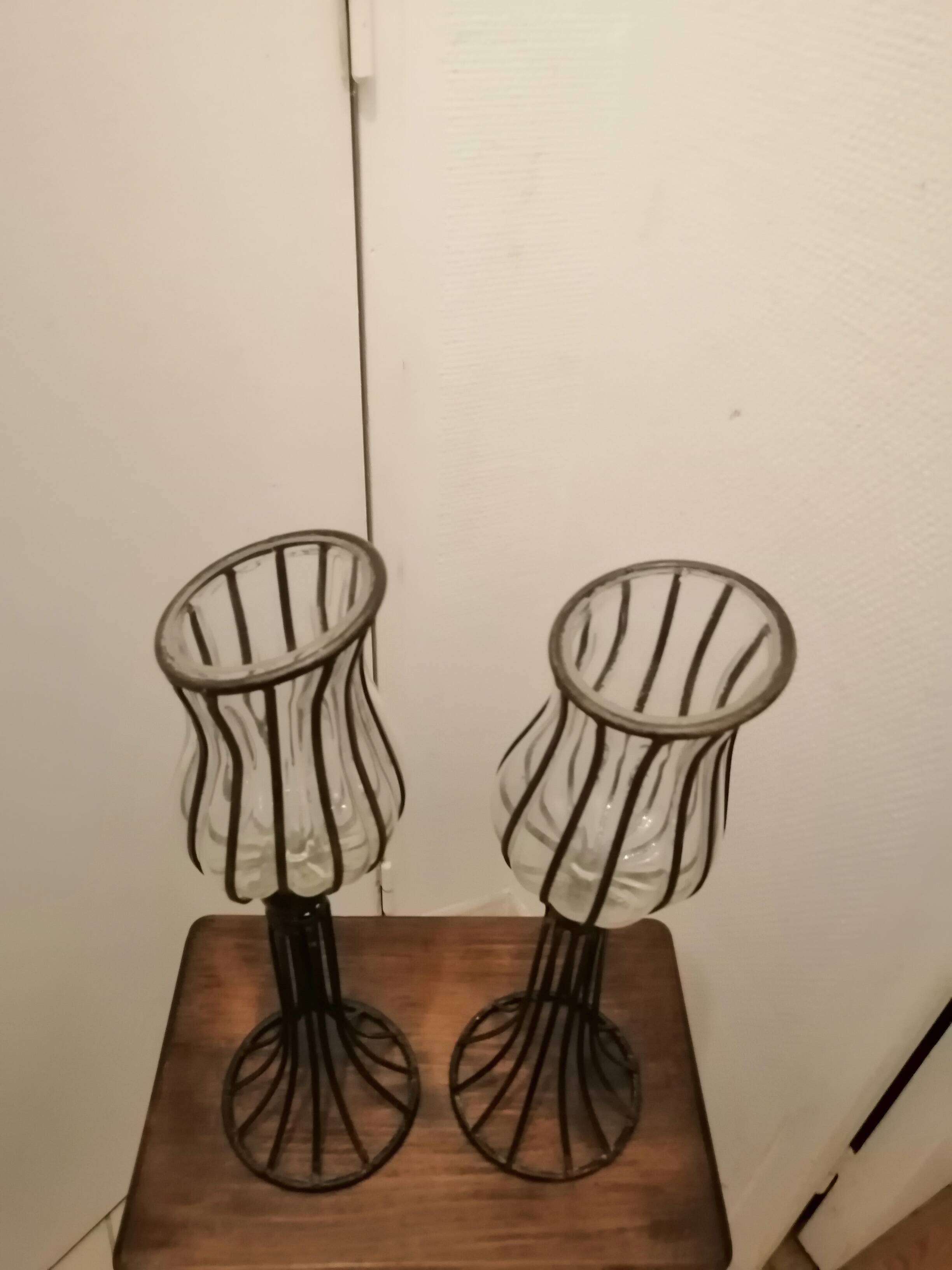 Pair of vintage/retro glass and metal vases