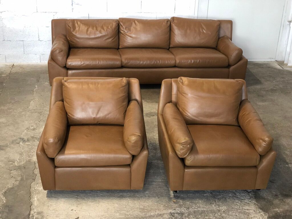 Vintage leather living room set by Edelhard Harlis for Mobilier International, California 1955