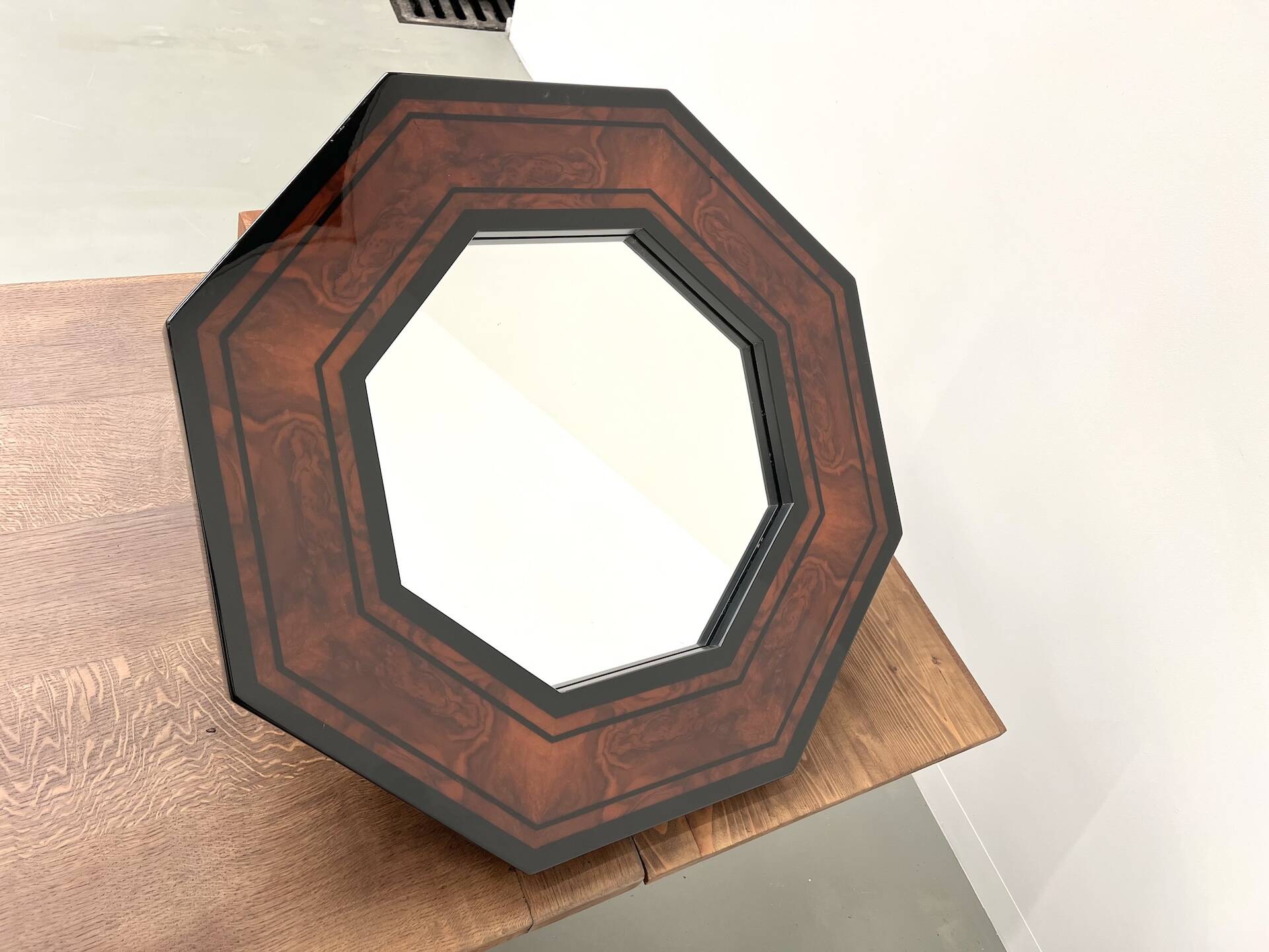 Octagonal wooden mirror by Jean-Claude Mahey