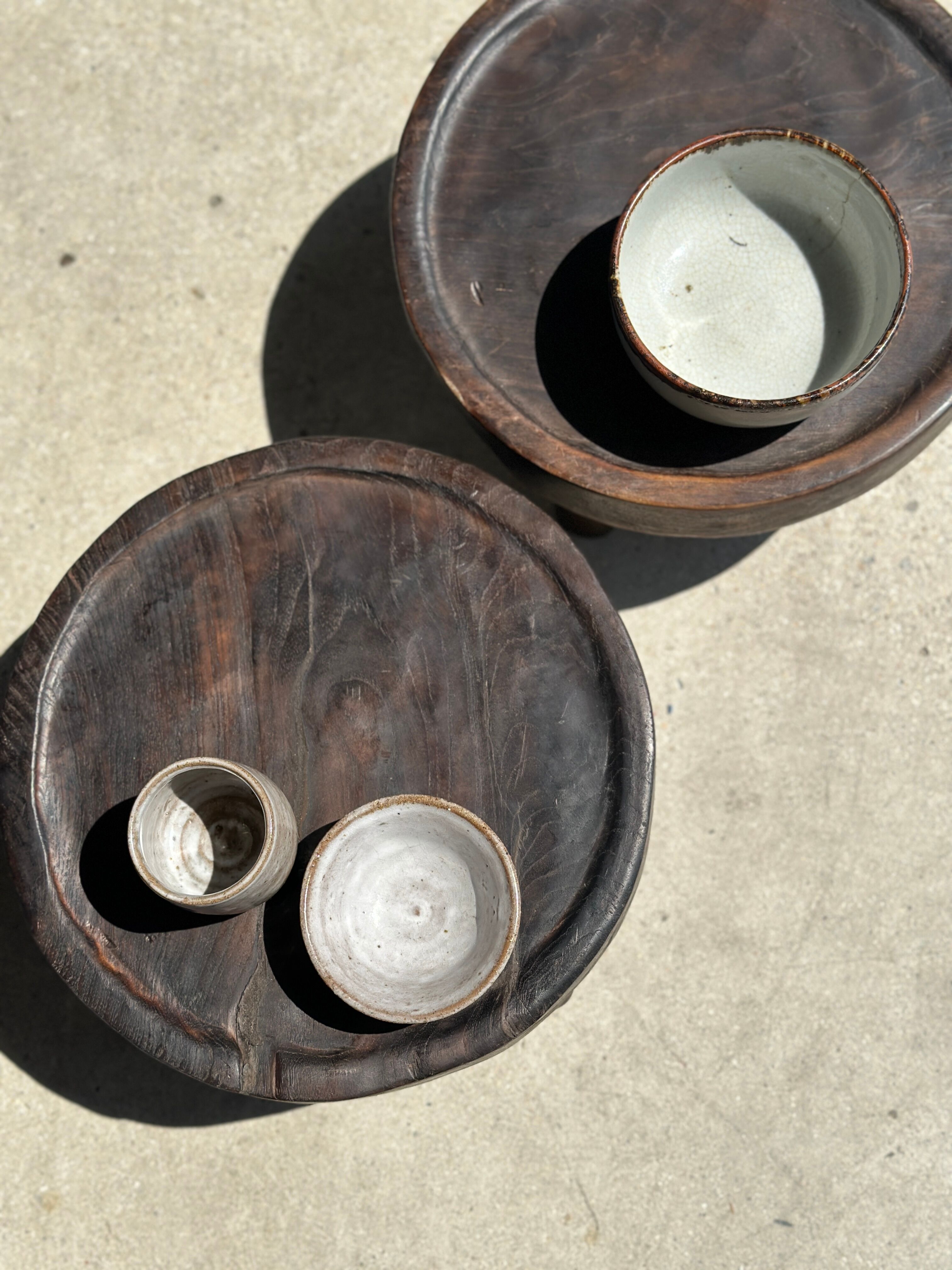 Small tripod stool low in dark brown upcycled teak