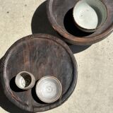 Small tripod stool low in dark brown upcycled teak