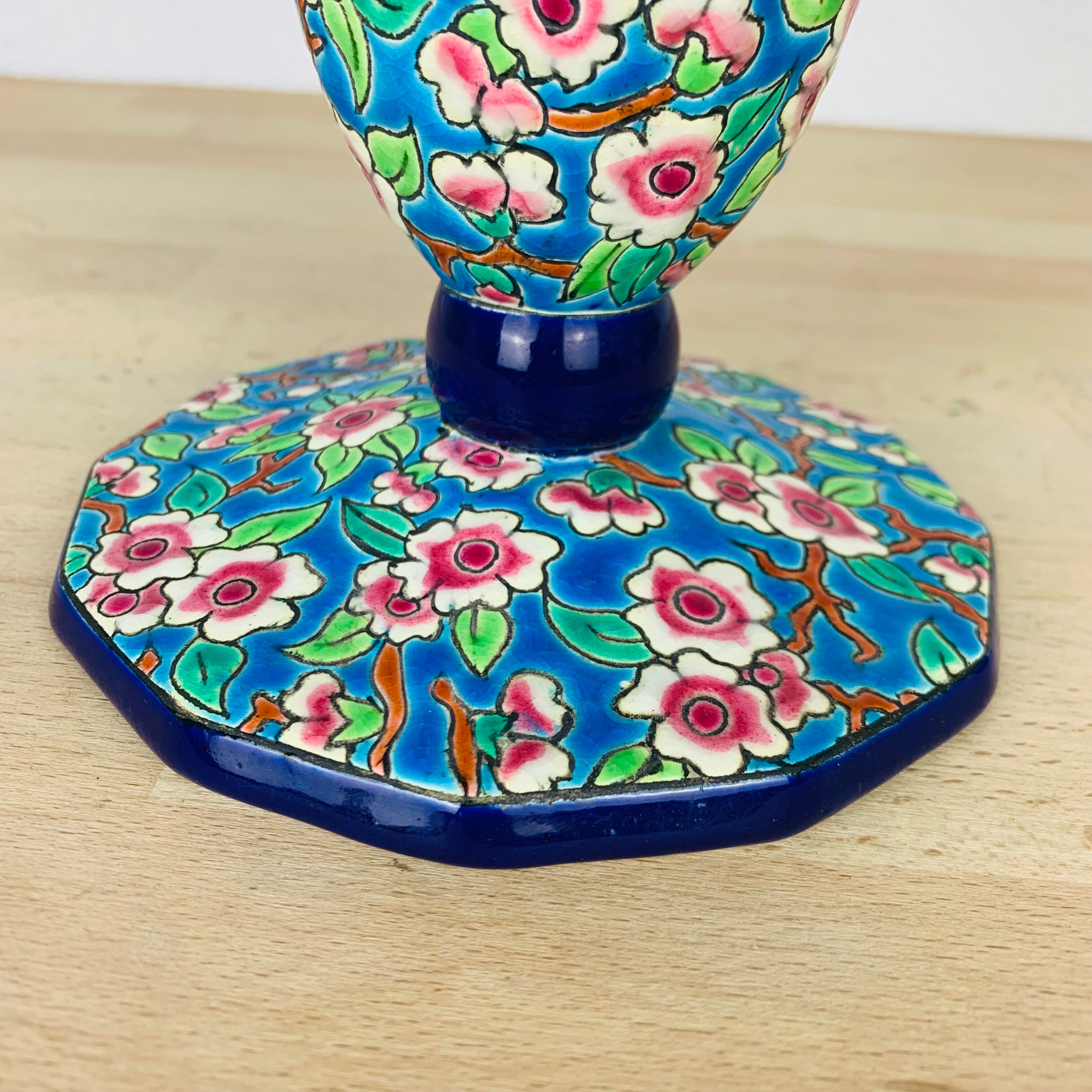 Faience enamel Longwy enamel cornet vase