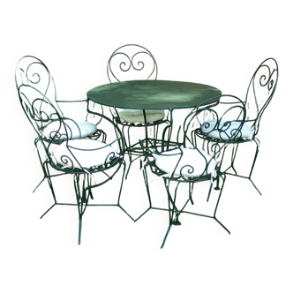 Salon de jardin, 1 table 5 fauteuils en fer forgé vert