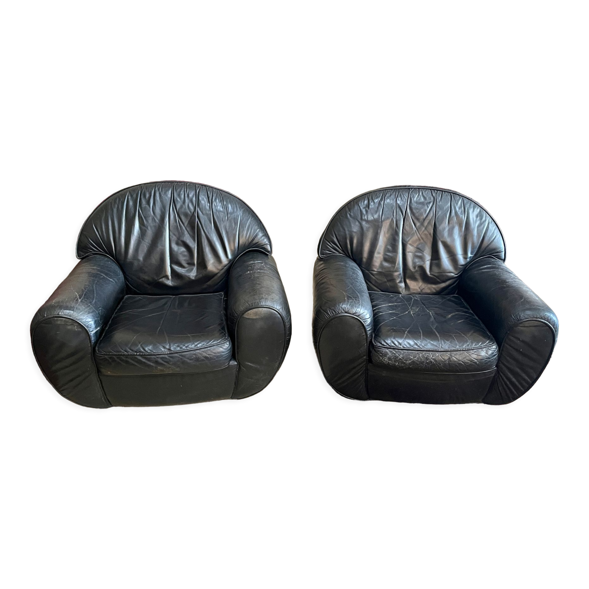 Pair of black leather club armchairs, twentieth century
