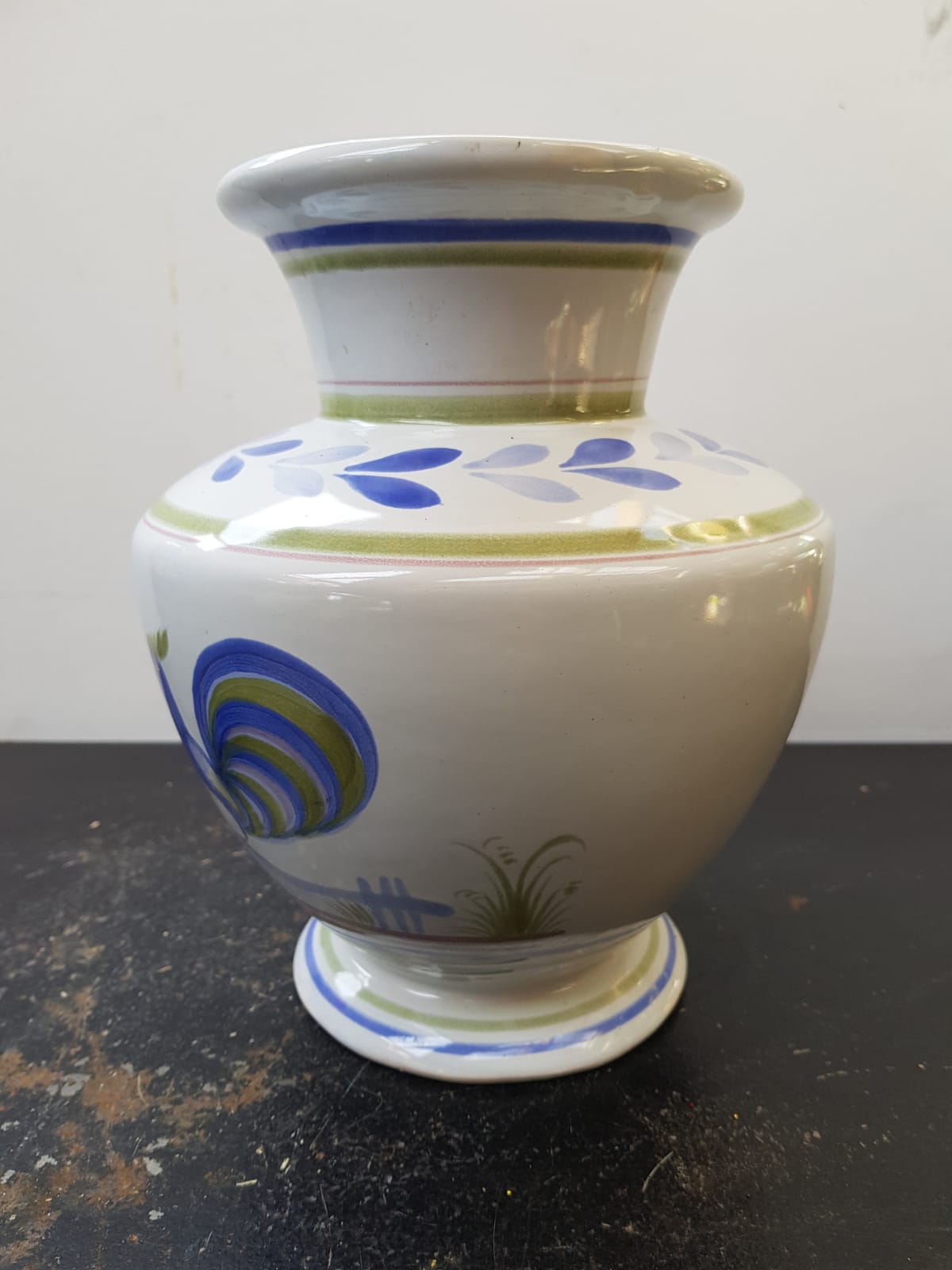 Old vase quimper henriot ceramic white décor blue rooster vintage