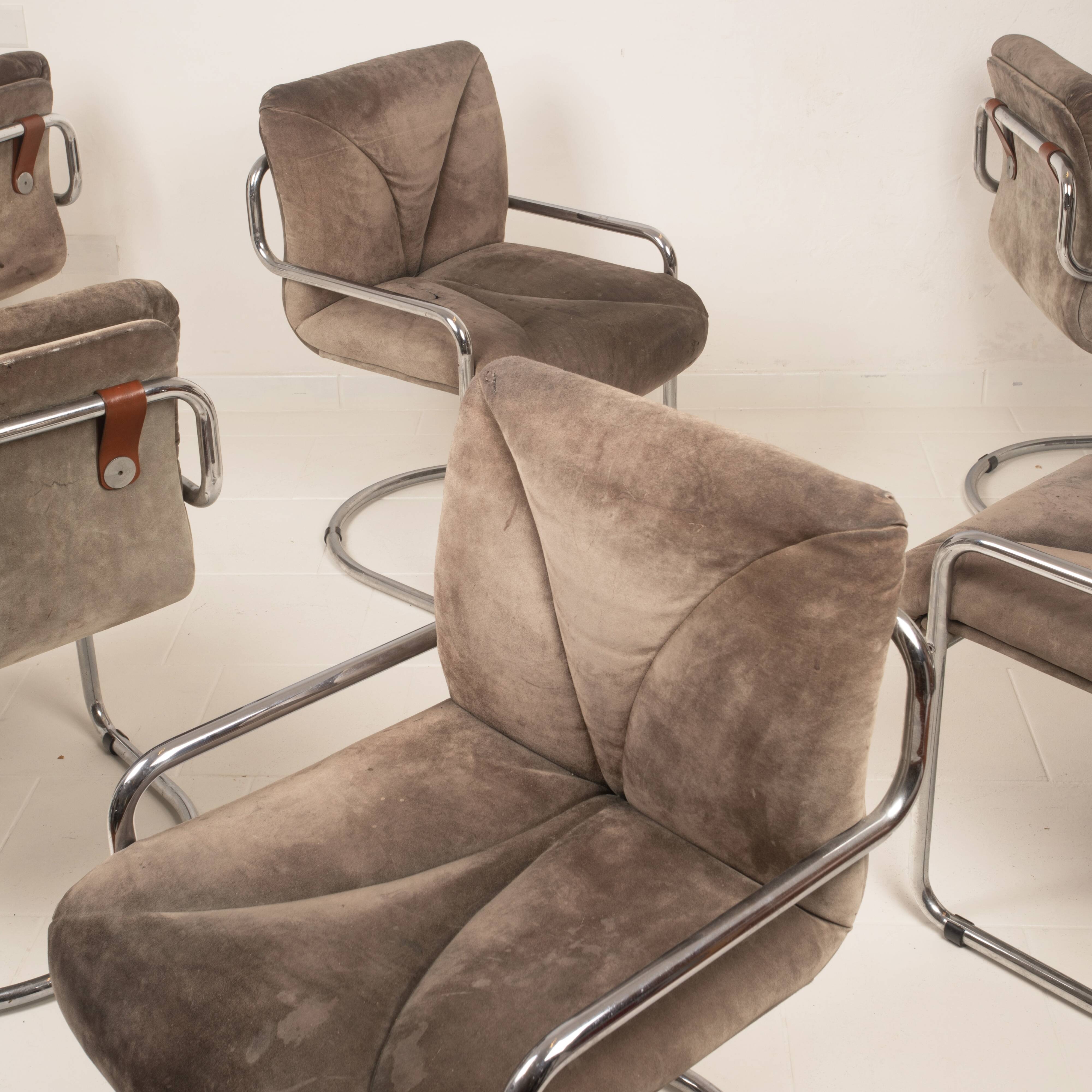 Guido Faleschini Italian Astro Chrome and Taupe Suede Armchairs for i4 Mariani