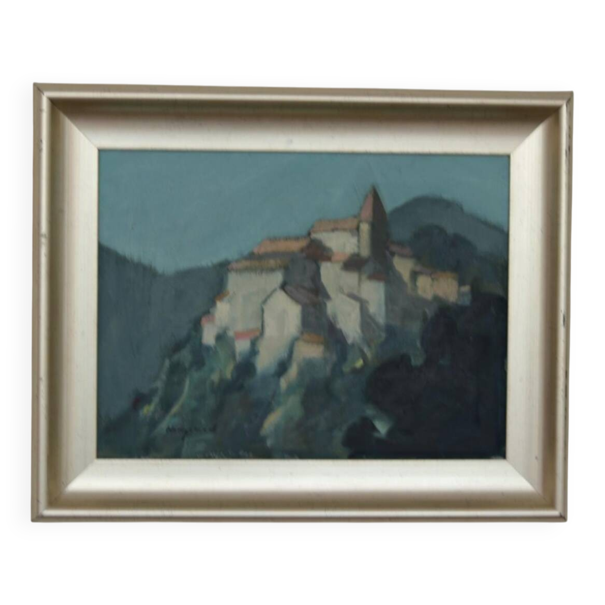 Mid Century Swedish Oil on Canvas “Village Motif” by Bengt Hillgrund