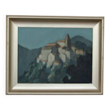 Mid Century Swedish Oil on Canvas “Village Motif” by Bengt Hillgrund