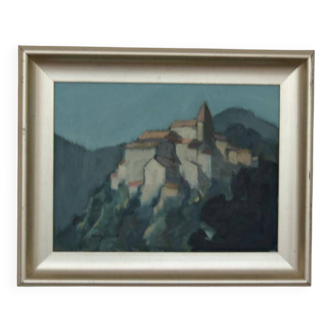 Mid Century Swedish Oil on Canvas “Village Motif” by Bengt Hillgrund