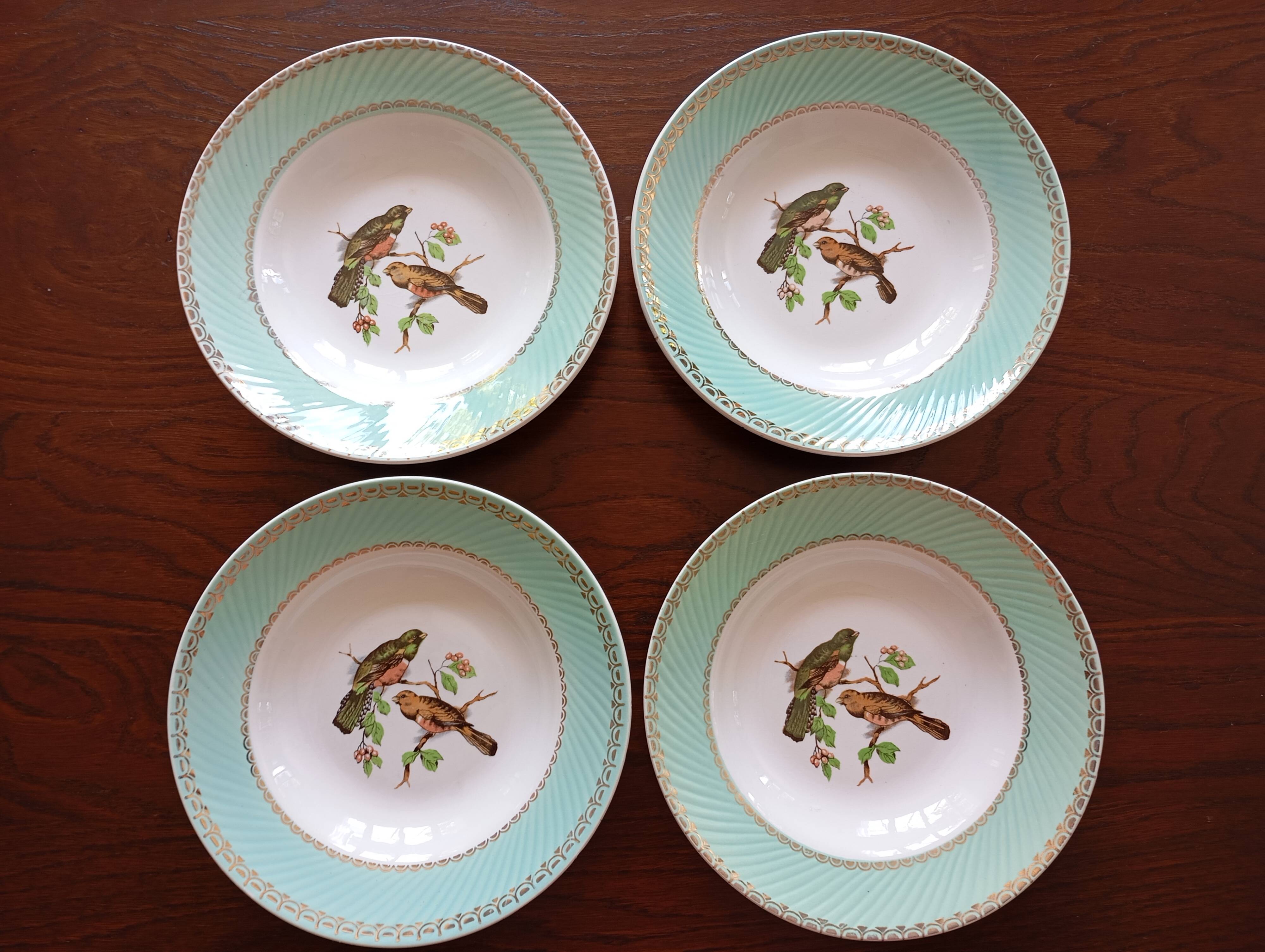 8 soup plates Fenal Badonviller "Birds" vintage 1950s