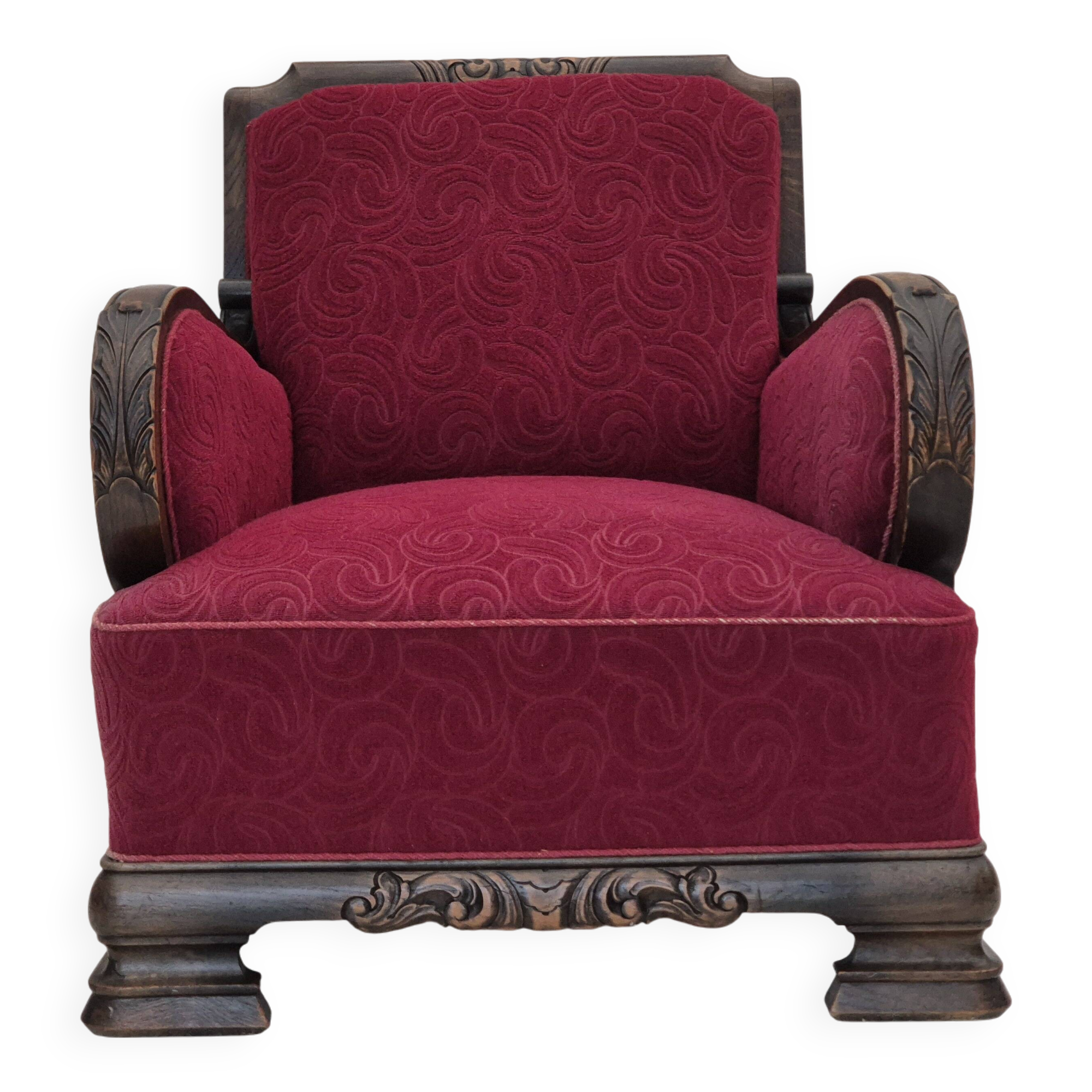 Fauteuil relax vintage danois des années 1950, tissu d'ameublement, bois de chêne, d'origine.