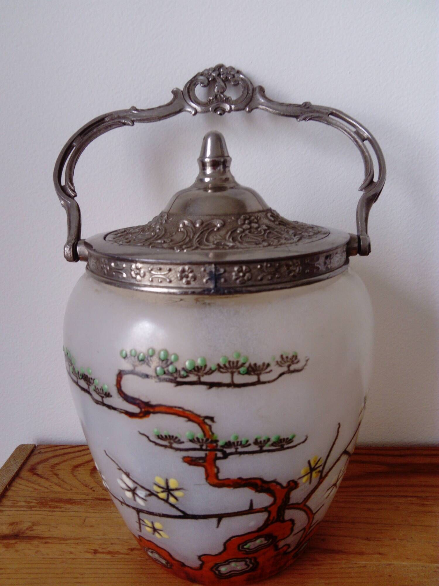 frosted glass cookie bucket with Japanese decoration. Art Nouveau