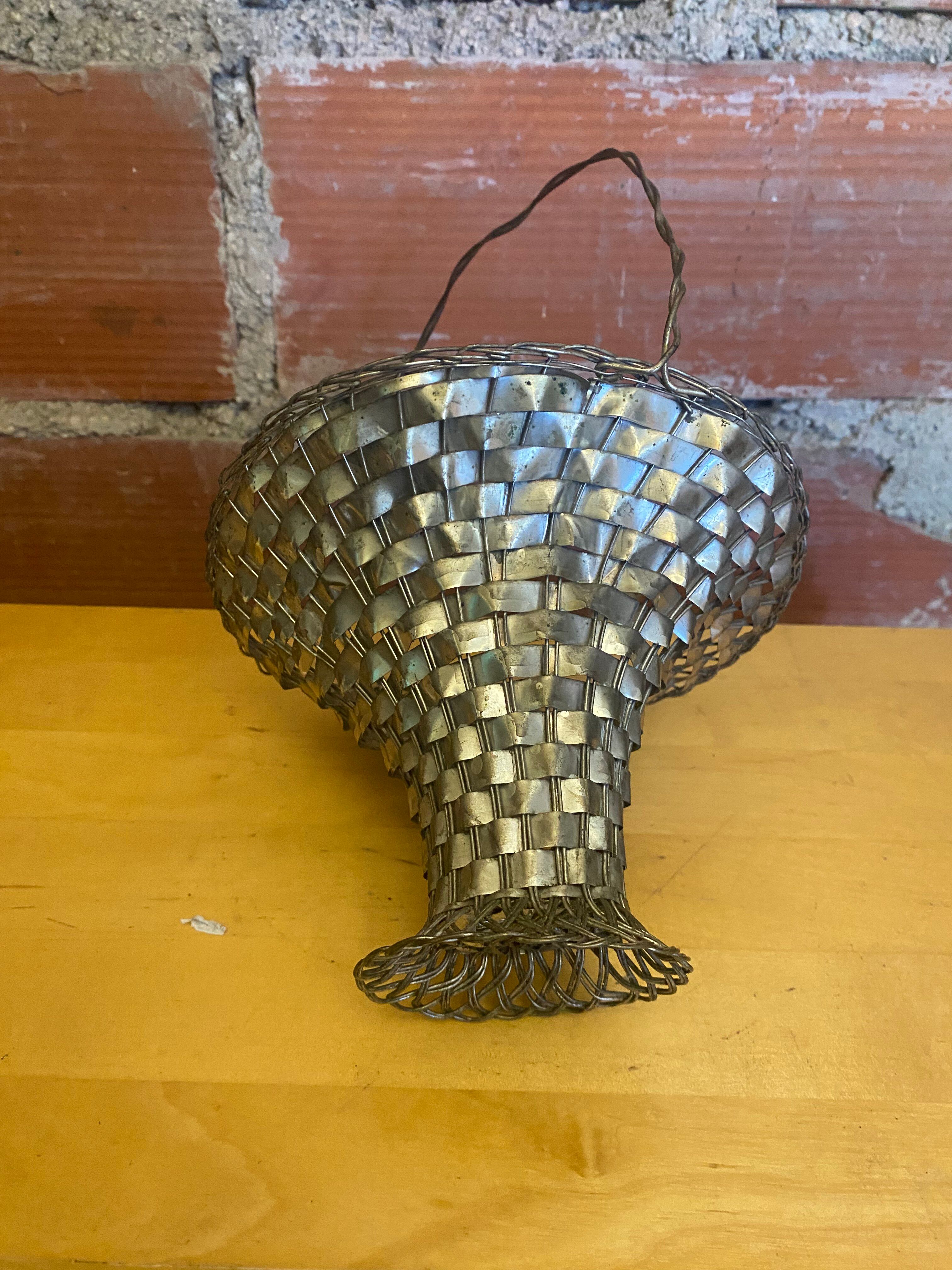 Panier Tressé Ancien Metal Argenté Vintage #E015