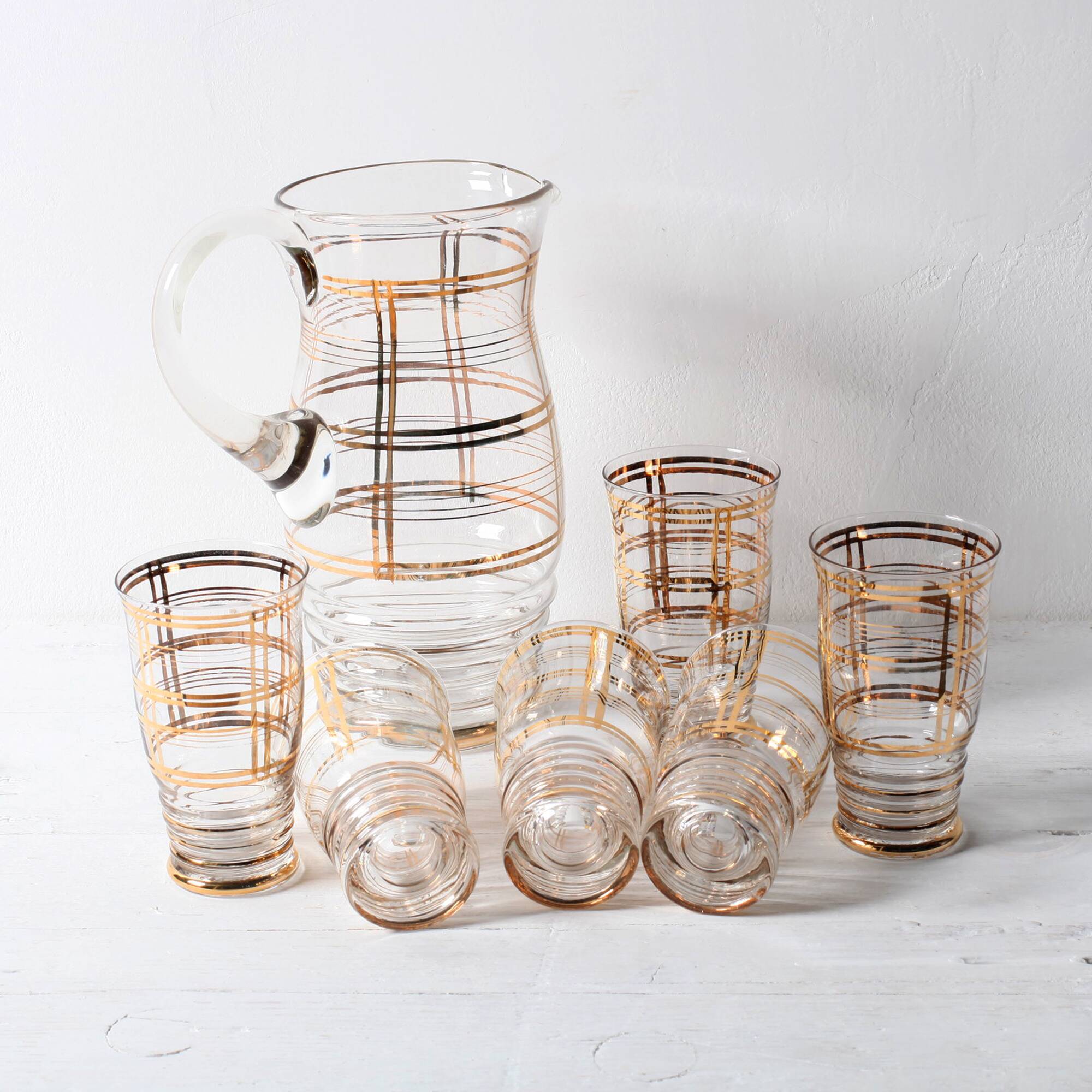 Mid-Century Italian Glass Pitcher & Six Glasses with Golden Details / Italy