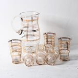 Mid-Century Italian Glass Pitcher & Six Glasses with Golden Details / Italy