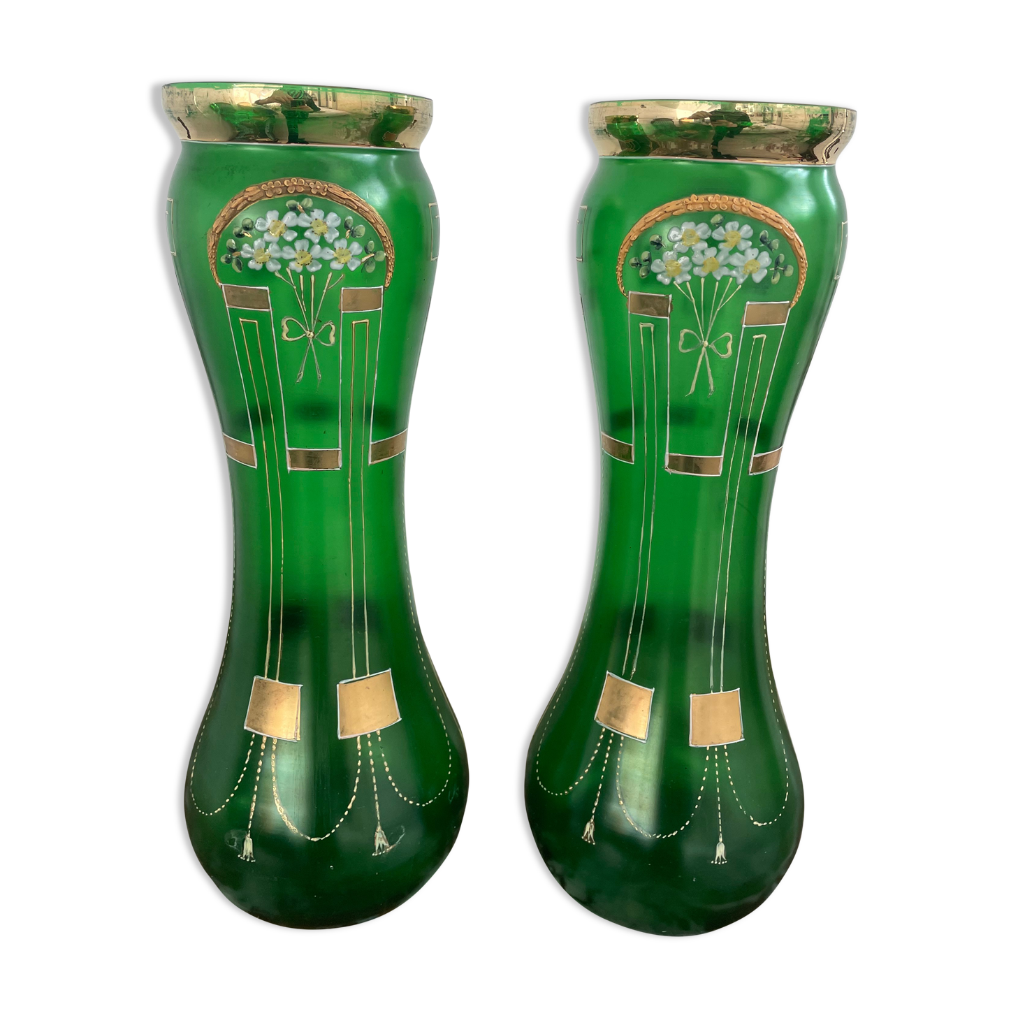 Antique, pair, green vases, flower decoration, golden, ART DECO, daisies, knot, hand painted
