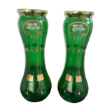 Paire de vases verts, décor fleurs, doré, art deco, marguerites, nœud, peint à la main, antique