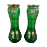 Paire de vases verts, décor fleurs, doré, art deco, marguerites, nœud, peint à la main, antique