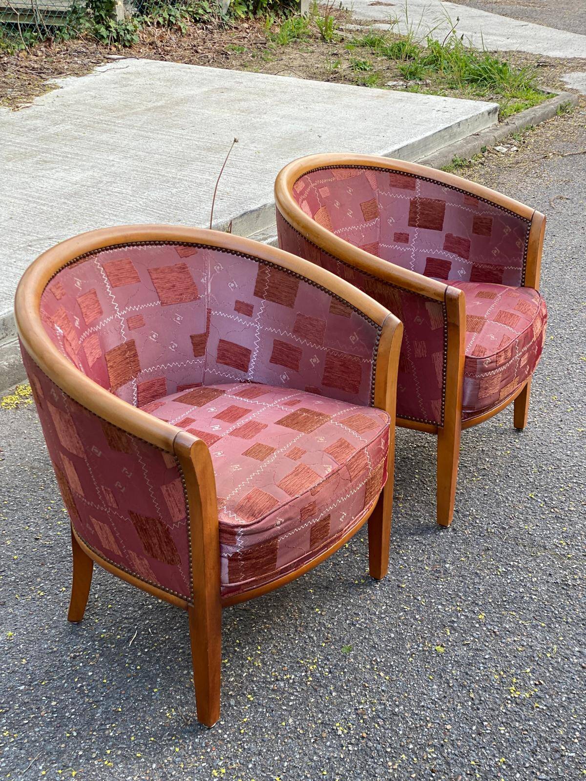 2 club chairs in curved solid wood and embroidered silk burgundy fabric.