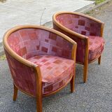 2 club chairs in curved solid wood and embroidered silk burgundy fabric.